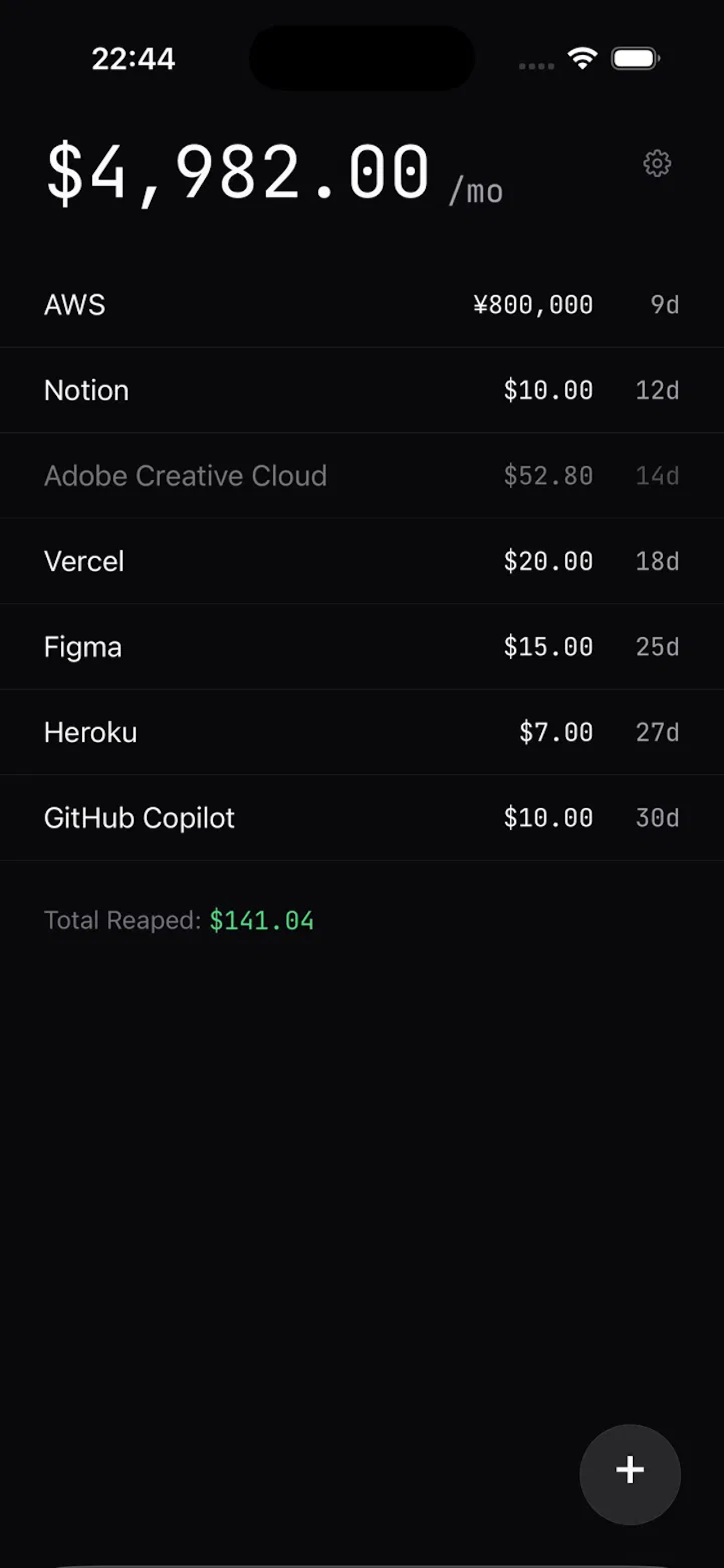 Subreaper dashboard showing monthly burn rate and active subscriptions
