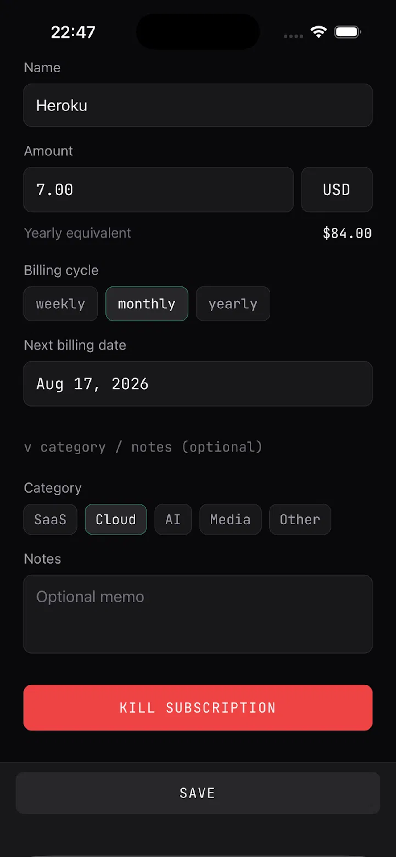 Subreaper subscription list with renewal dates